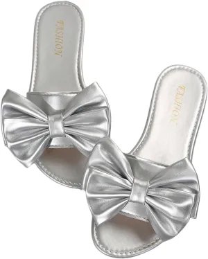 GORGLITTER Women's Bow Slide Sandals Flat Dressy Round Open Toe Slip on Summer Sandal