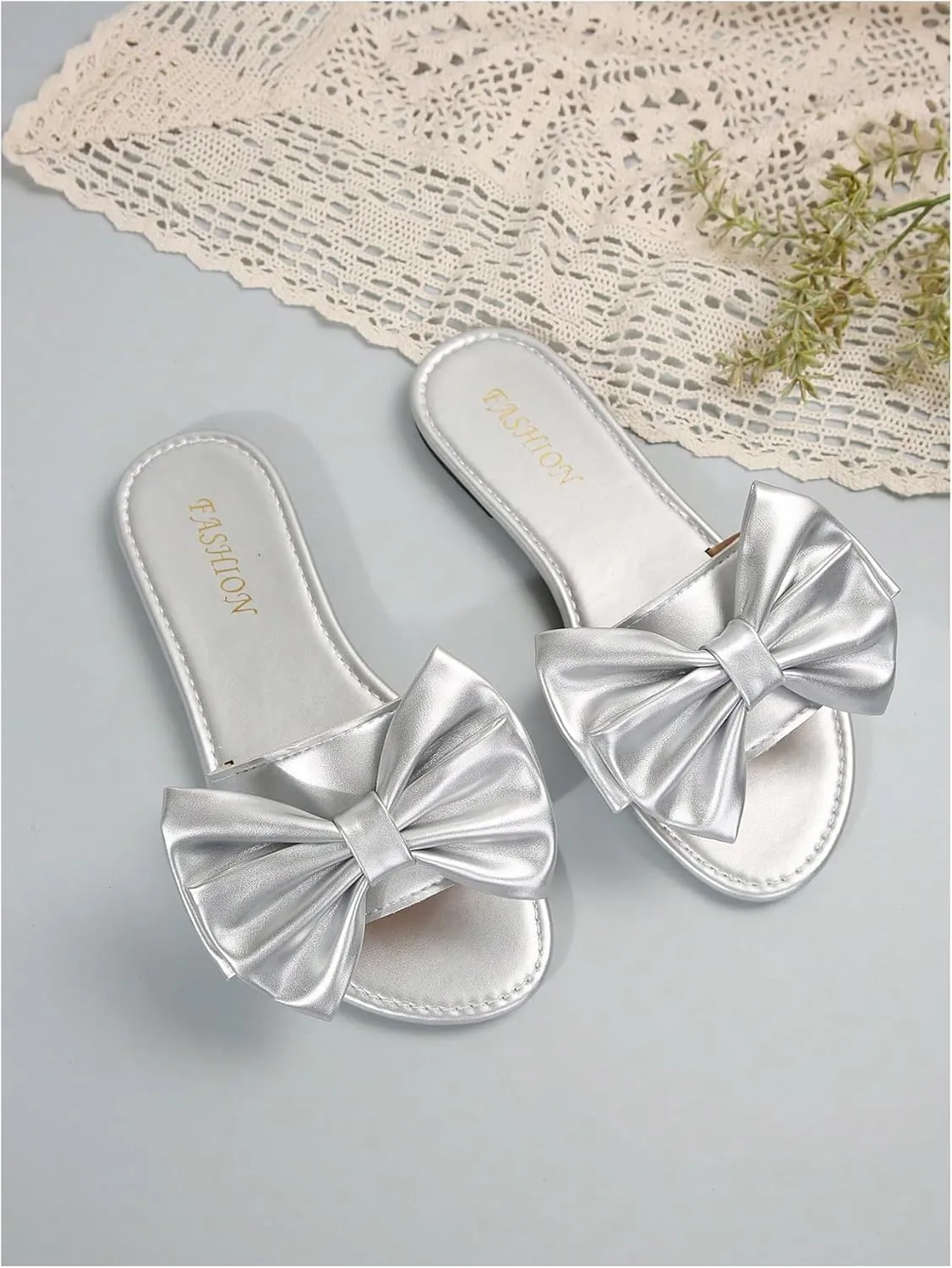 GORGLITTER Women's Bow Slide Sandals Flat Dressy Round Open Toe Slip on Summer Sandal