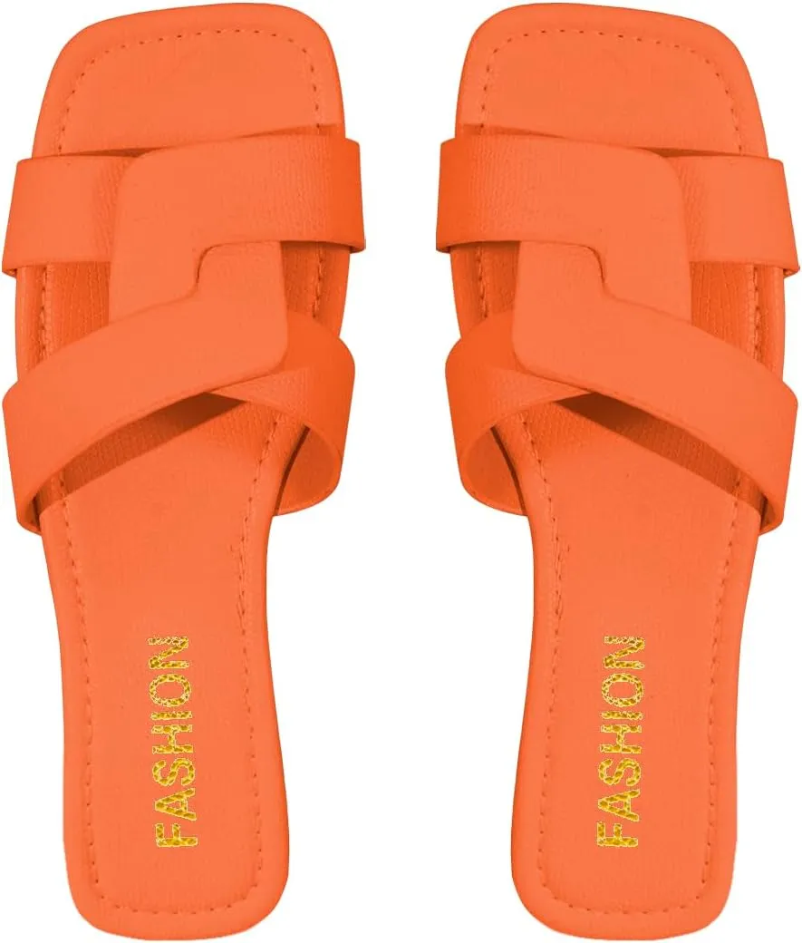 GORGLITTER Women's Crocodile Embossed Flat Sandals Cross Strappy Open Toe Slide Sandals