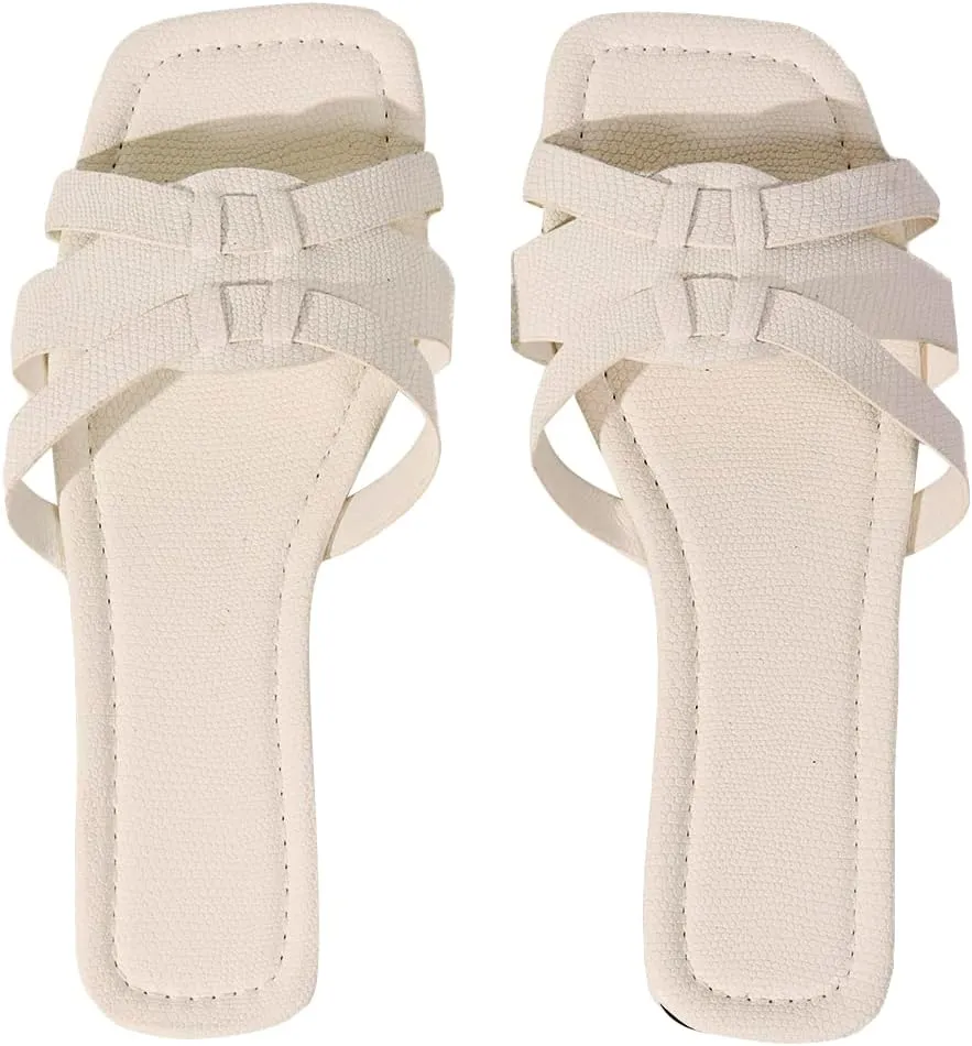 GORGLITTER Women's Crocodile Embossed Flat Sandals Cross Strappy Open Toe Slide Sandals
