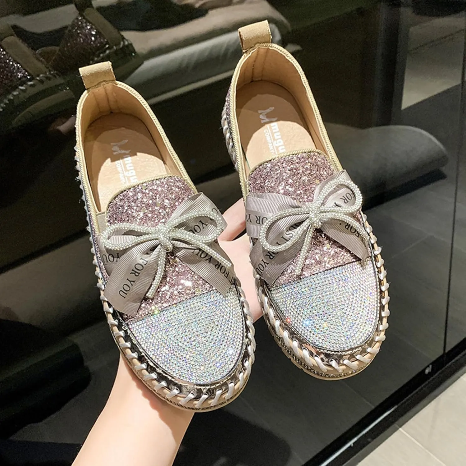 HINDOLA Women's Platform Rhinestone Sneaker Glitter Fashion Bowknot Lace up Sparkle Bling Flat Loafers Casual Non-Slip Walking Dress Shoes Pink