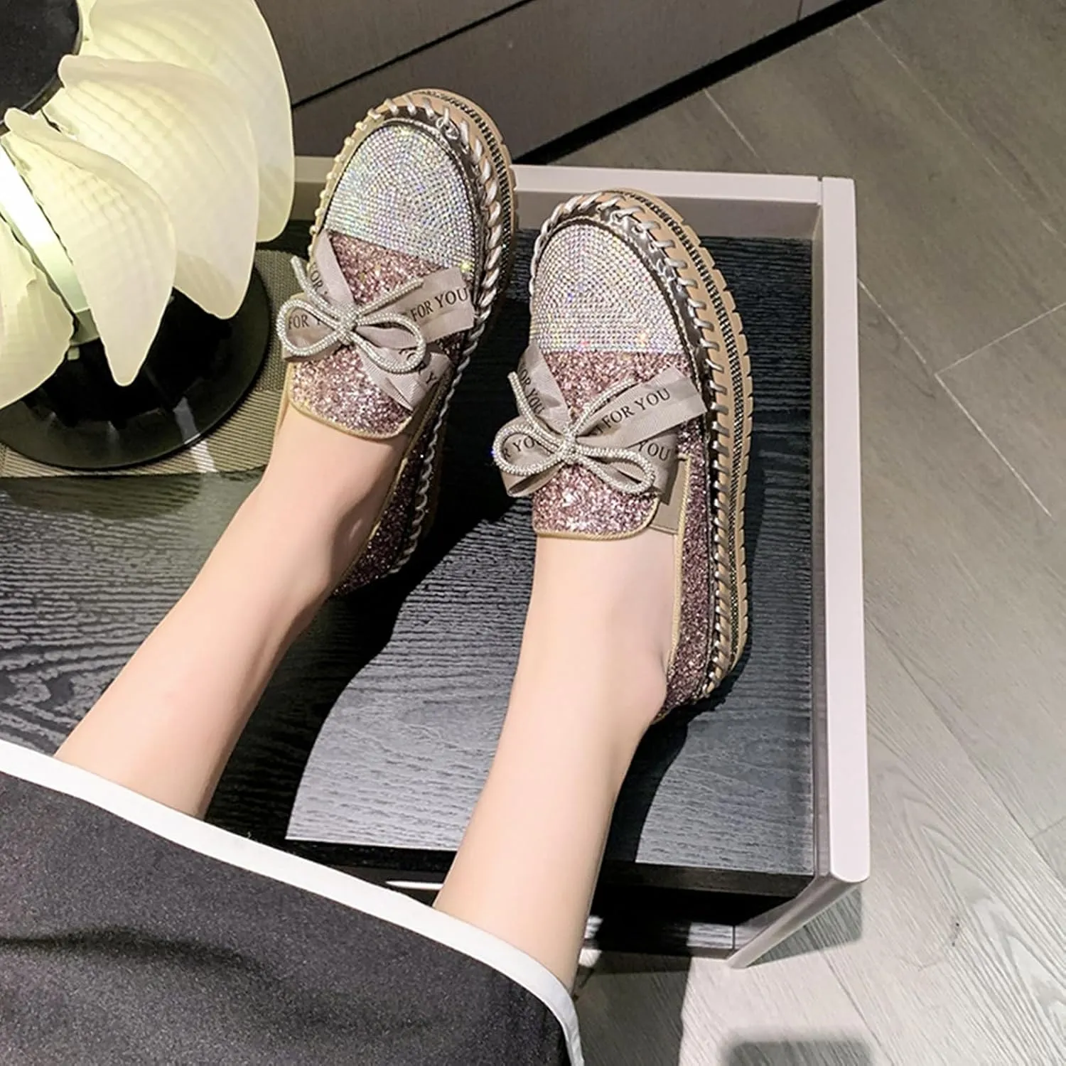 HINDOLA Women's Platform Rhinestone Sneaker Glitter Fashion Bowknot Lace up Sparkle Bling Flat Loafers Casual Non-Slip Walking Dress Shoes Pink