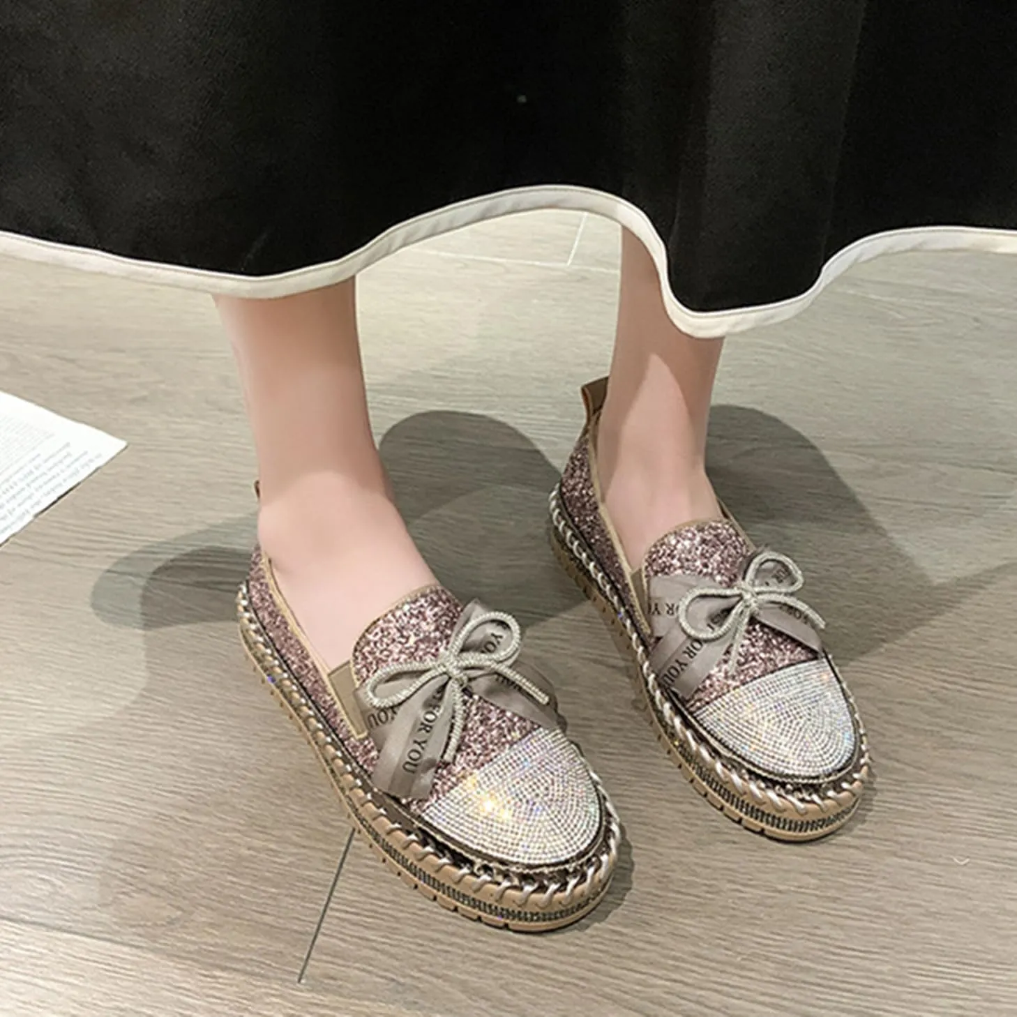HINDOLA Women's Platform Rhinestone Sneaker Glitter Fashion Bowknot Lace up Sparkle Bling Flat Loafers Casual Non-Slip Walking Dress Shoes Pink