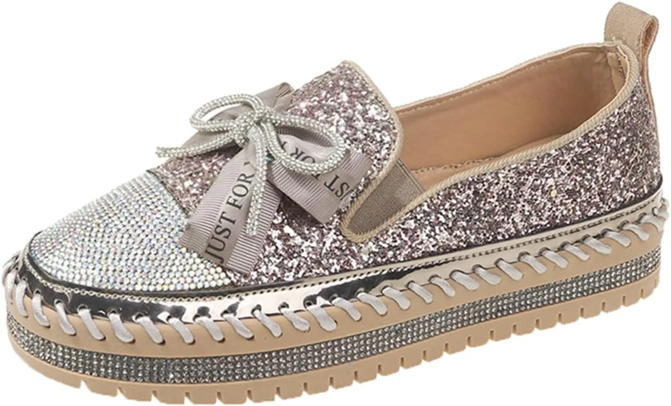 HINDOLA Women's Platform Rhinestone Sneaker Glitter Fashion Bowknot Lace up Sparkle Bling Flat Loafers Casual Non-Slip Walking Dress Shoes Pink