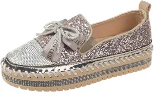 HINDOLA Women's Platform Rhinestone Sneaker Glitter Fashion Bowknot Lace up Sparkle Bling Flat Loafers Casual Non-Slip Walking Dress Shoes Pink