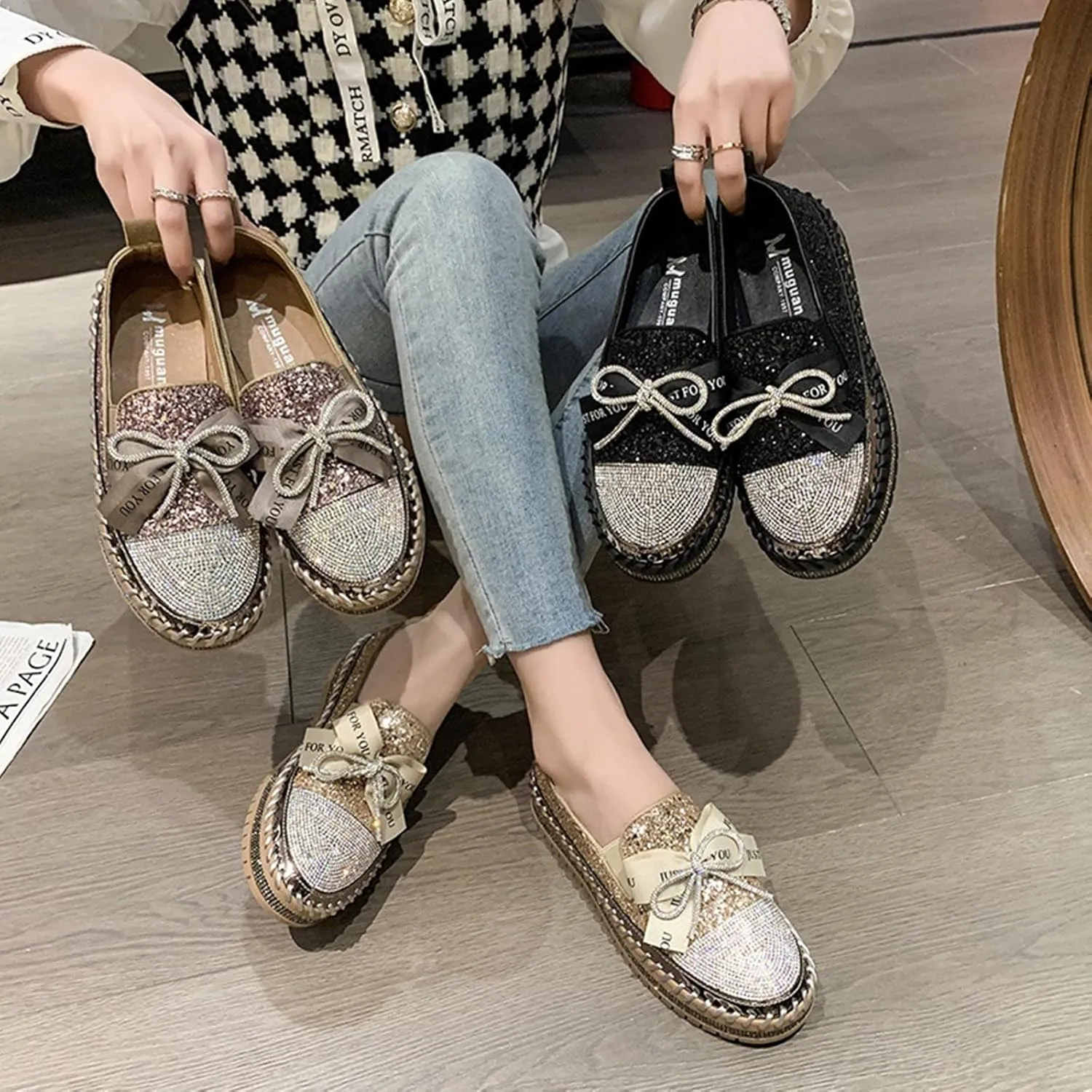 HINDOLA Women's Platform Rhinestone Sneaker Glitter Fashion Bowknot Lace up Sparkle Bling Flat Loafers Casual Non-Slip Walking Dress Shoes Pink
