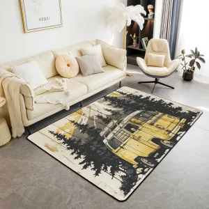 Homewish Camping Adventure Area Rug Retro Wooden Stripes Cartoon RV Trailer Non Slip Rug for Kids Teens Adults Jungle Trees Watercolor Natural Mountain Indoor Floor Mat for Couch 3'x5'