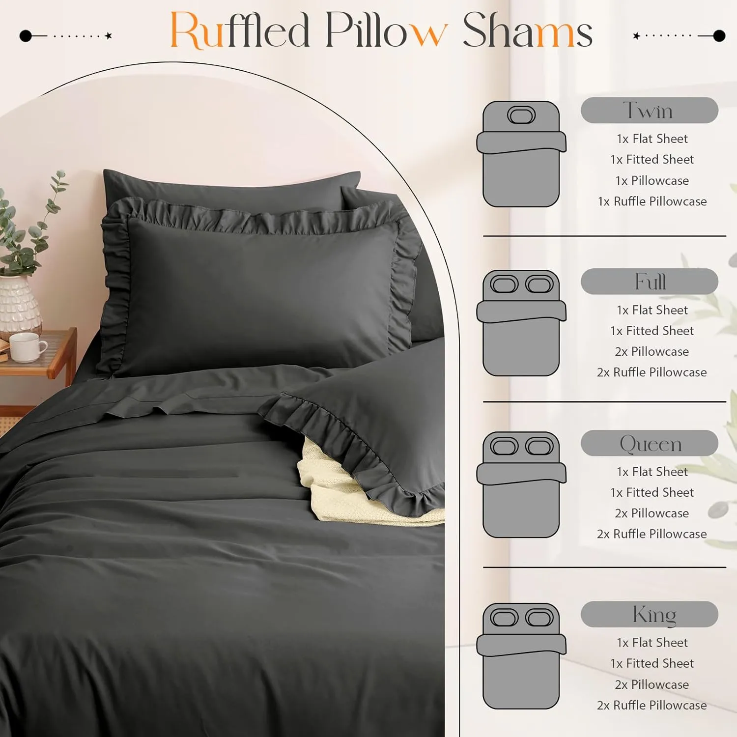Horbaunal Dark Grey Ruffle Sheets Full Size 6 Piece, Fits 16" Deep Mattress, Microfiber Charcoal Grey Full Sheets with 2 Ruffled Pillowcases, Shabby Chic Bed Sheet Set