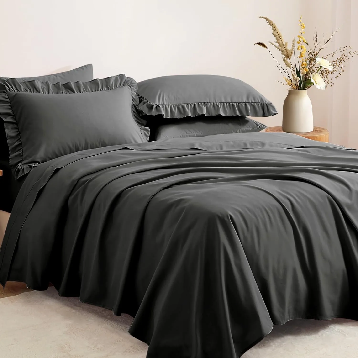 Horbaunal Dark Grey Ruffle Sheets Full Size 6 Piece, Fits 16" Deep Mattress, Microfiber Charcoal Grey Full Sheets with 2 Ruffled Pillowcases, Shabby Chic Bed Sheet Set