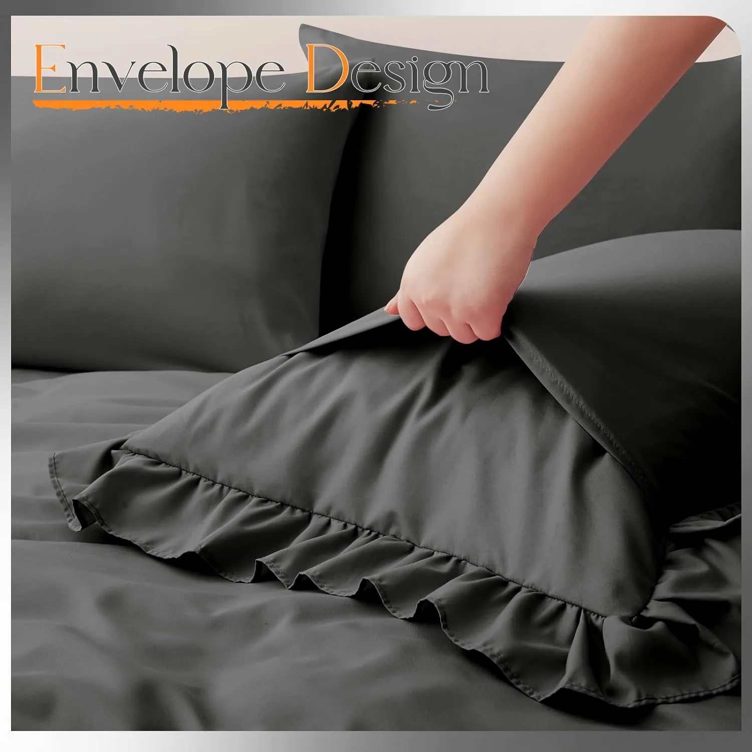 Horbaunal Dark Grey Ruffle Sheets Full Size 6 Piece, Fits 16" Deep Mattress, Microfiber Charcoal Grey Full Sheets with 2 Ruffled Pillowcases, Shabby Chic Bed Sheet Set