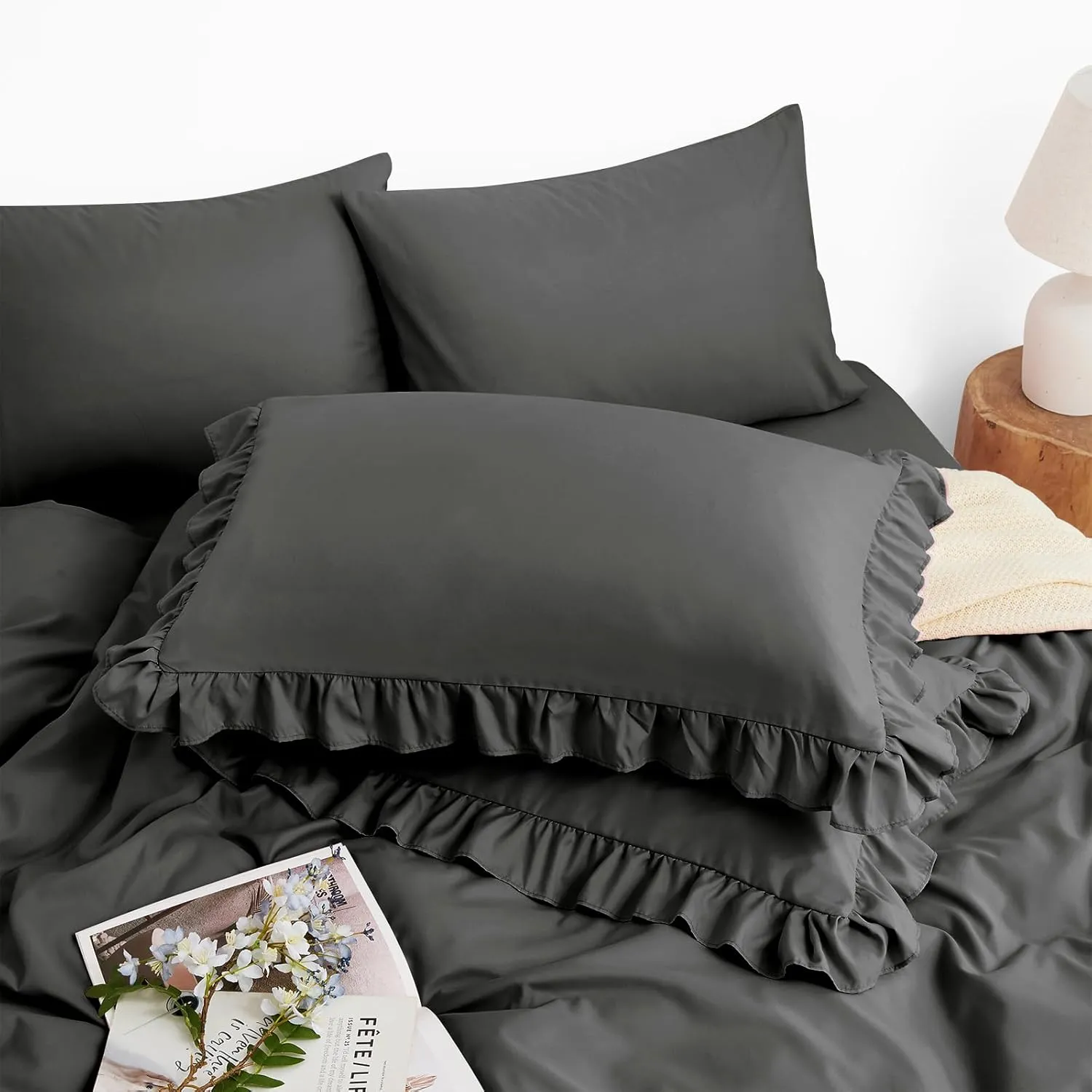 Horbaunal Dark Grey Ruffle Sheets Full Size 6 Piece, Fits 16" Deep Mattress, Microfiber Charcoal Grey Full Sheets with 2 Ruffled Pillowcases, Shabby Chic Bed Sheet Set