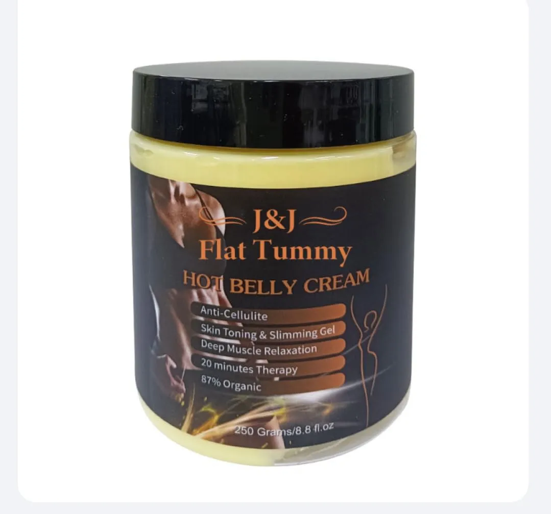 J&J Flat Tummy Hot Belly Cream: Flat Belly. Benefits: Anti-Cellulite, Skin Toning & Slimming Gel, Deep Muscle Relaxation, 20 Minute Therapy, 87% Organic.