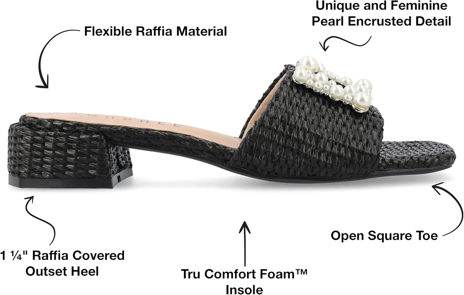 Journee Womens Pearl Raffia Slip On Open Square Toe Outset Block Heel Justina Comfort Foam Flat Sandals