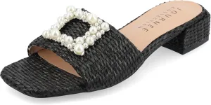 Journee Womens Pearl Raffia Slip On Open Square Toe Outset Block Heel Justina Comfort Foam Flat Sandals