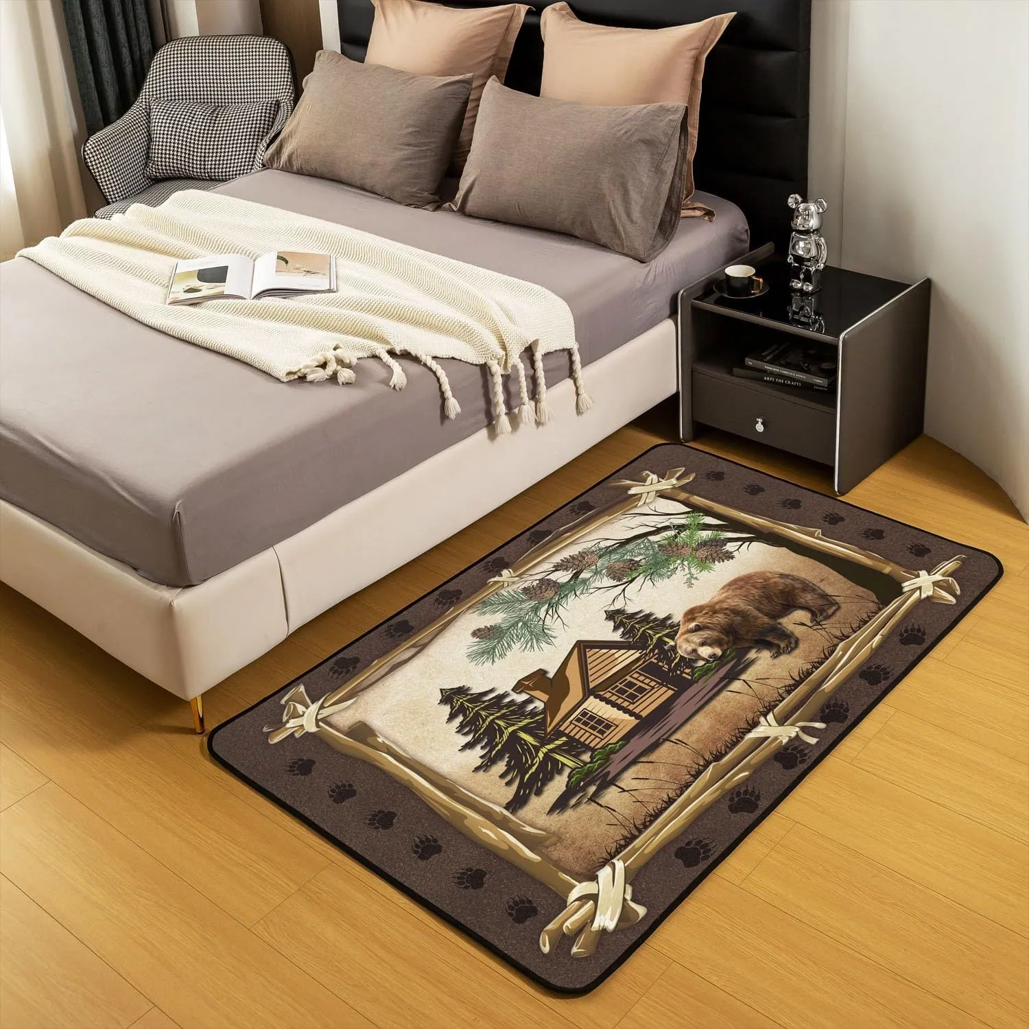 Jungle Wooden Cabin Area Rug 3x5,Outdoor Adventure Wild Bear Pine Tree Washable Rug Living Room Decor,Retro Wood Frame Bear Wildlife Paw Print Indoor Floor Mat for Kids Bedroom Living Room