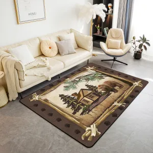 Jungle Wooden Cabin Area Rug 3x5,Outdoor Adventure Wild Bear Pine Tree Washable Rug Living Room Decor,Retro Wood Frame Bear Wildlife Paw Print Indoor Floor Mat for Kids Bedroom Living Room