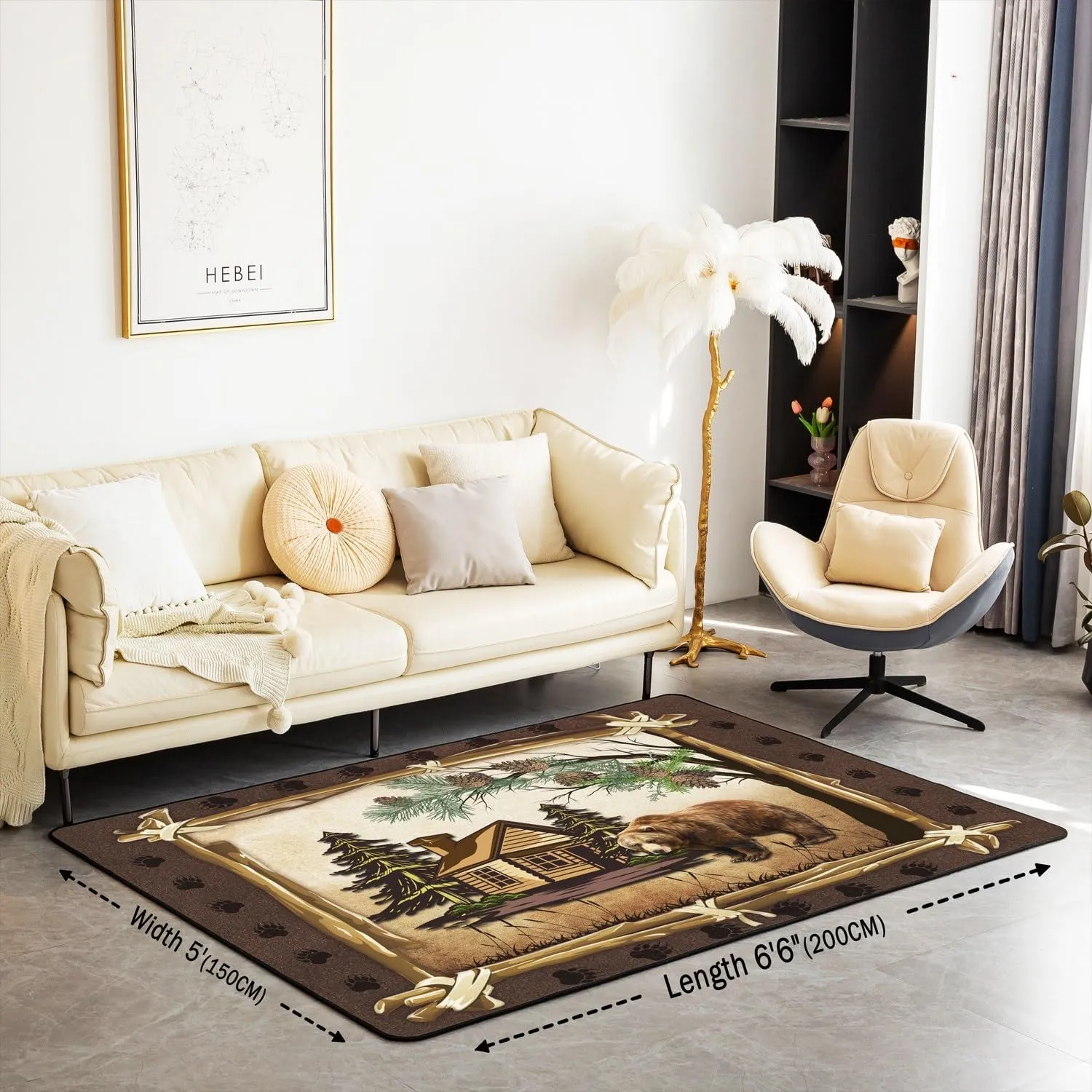 Jungle Wooden Cabin Area Rug 3x5,Outdoor Adventure Wild Bear Pine Tree Washable Rug Living Room Decor,Retro Wood Frame Bear Wildlife Paw Print Indoor Floor Mat for Kids Bedroom Living Room
