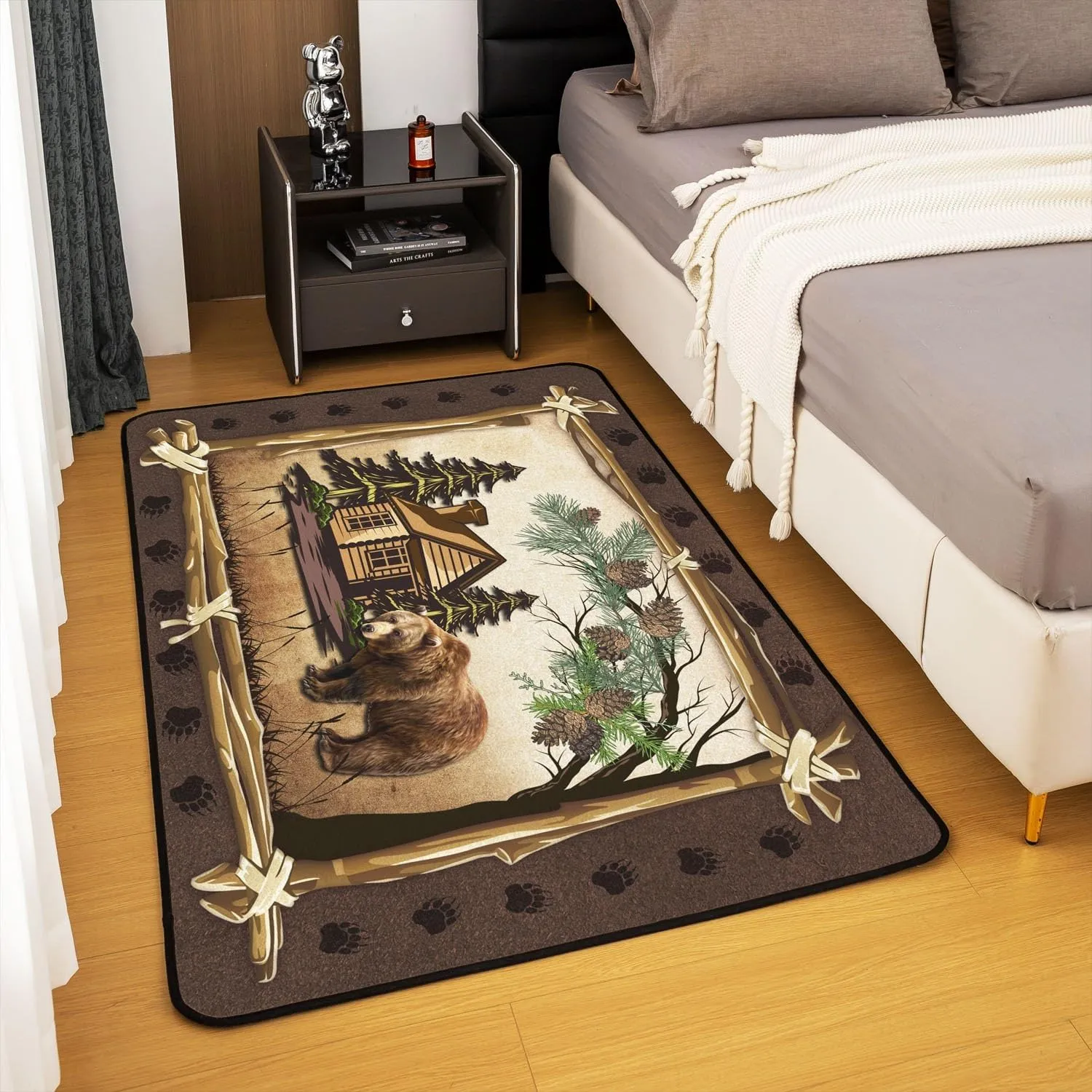 Jungle Wooden Cabin Area Rug 3x5,Outdoor Adventure Wild Bear Pine Tree Washable Rug Living Room Decor,Retro Wood Frame Bear Wildlife Paw Print Indoor Floor Mat for Kids Bedroom Living Room