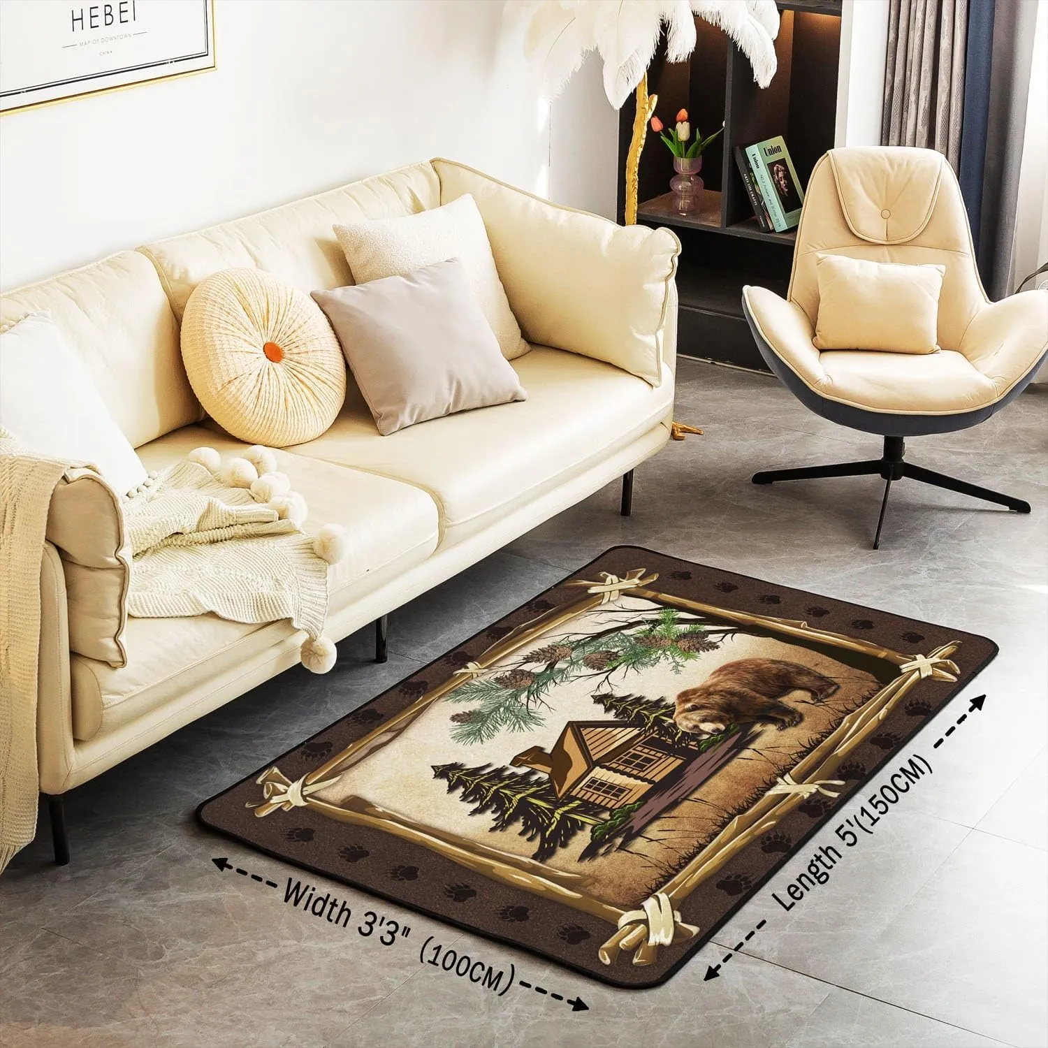 Jungle Wooden Cabin Area Rug 3x5,Outdoor Adventure Wild Bear Pine Tree Washable Rug Living Room Decor,Retro Wood Frame Bear Wildlife Paw Print Indoor Floor Mat for Kids Bedroom Living Room