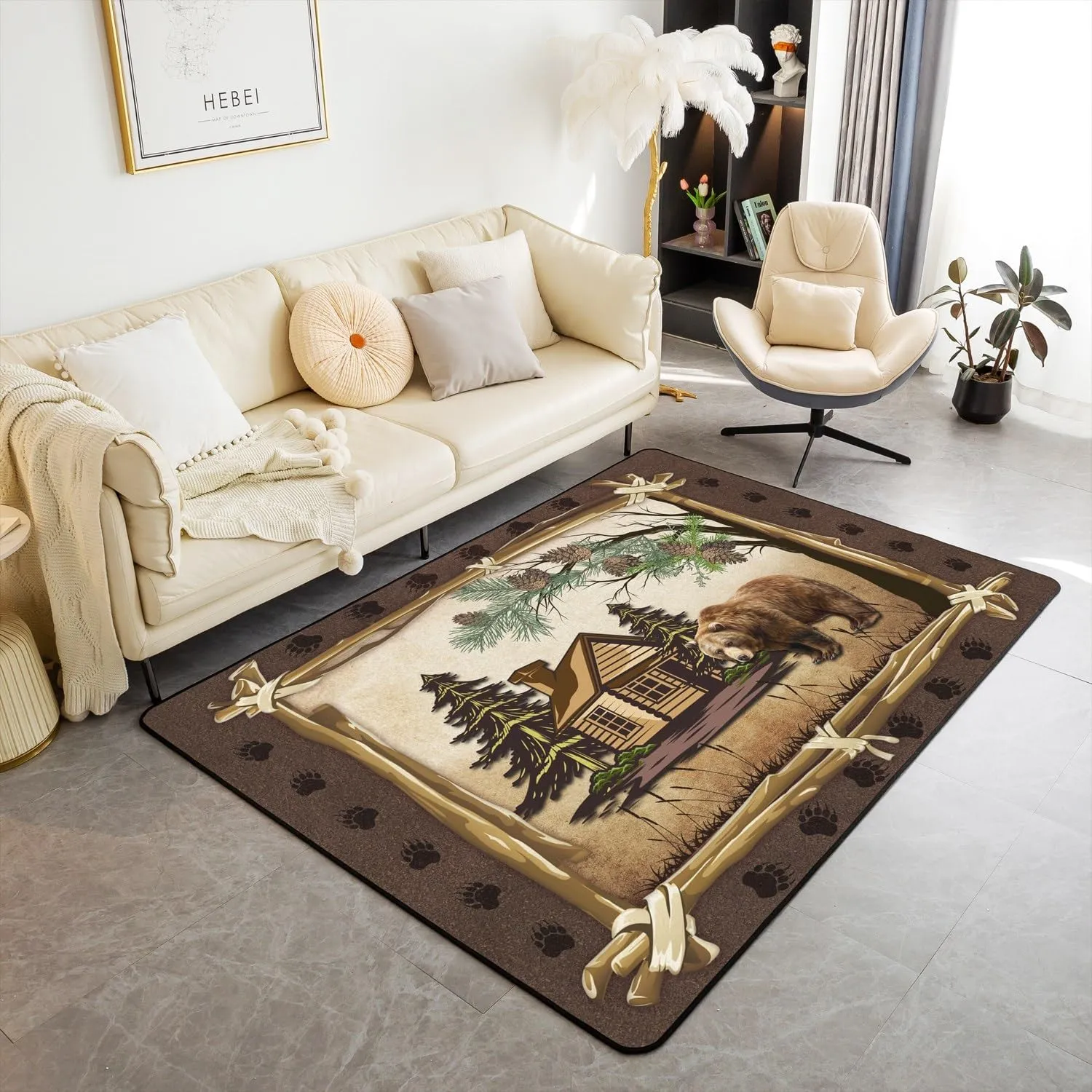 Jungle Wooden Cabin Area Rug 3x5,Outdoor Adventure Wild Bear Pine Tree Washable Rug Living Room Decor,Retro Wood Frame Bear Wildlife Paw Print Indoor Floor Mat for Kids Bedroom Living Room