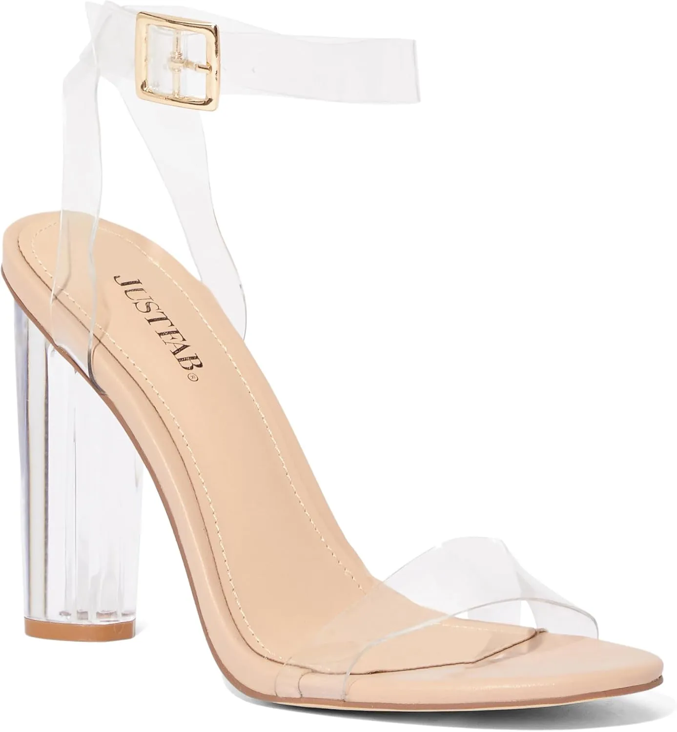 JustFab Women's Clear Chunky High Heels Sandals with Open Toe Ankle Strap Block Heels for Women Clear Shoes Dressy Perfect for Party and Dress Pumps - Hanna