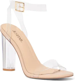 JustFab Women's Clear Chunky High Heels Sandals with Open Toe Ankle Strap Block Heels for Women Clear Shoes Dressy Perfect for Party and Dress Pumps - Hanna
