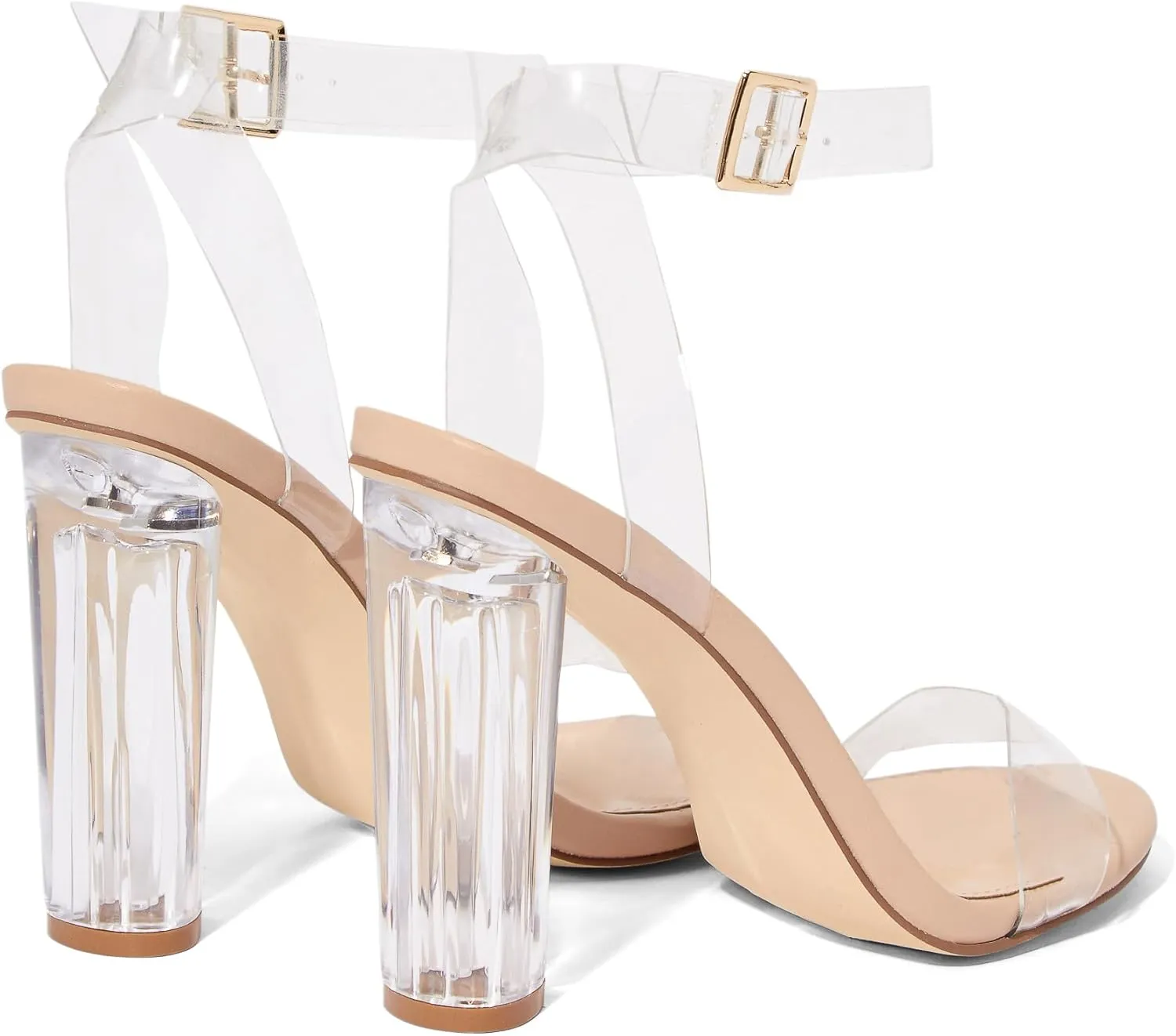 JustFab Women's Clear Chunky High Heels Sandals with Open Toe Ankle Strap Block Heels for Women Clear Shoes Dressy Perfect for Party and Dress Pumps - Hanna