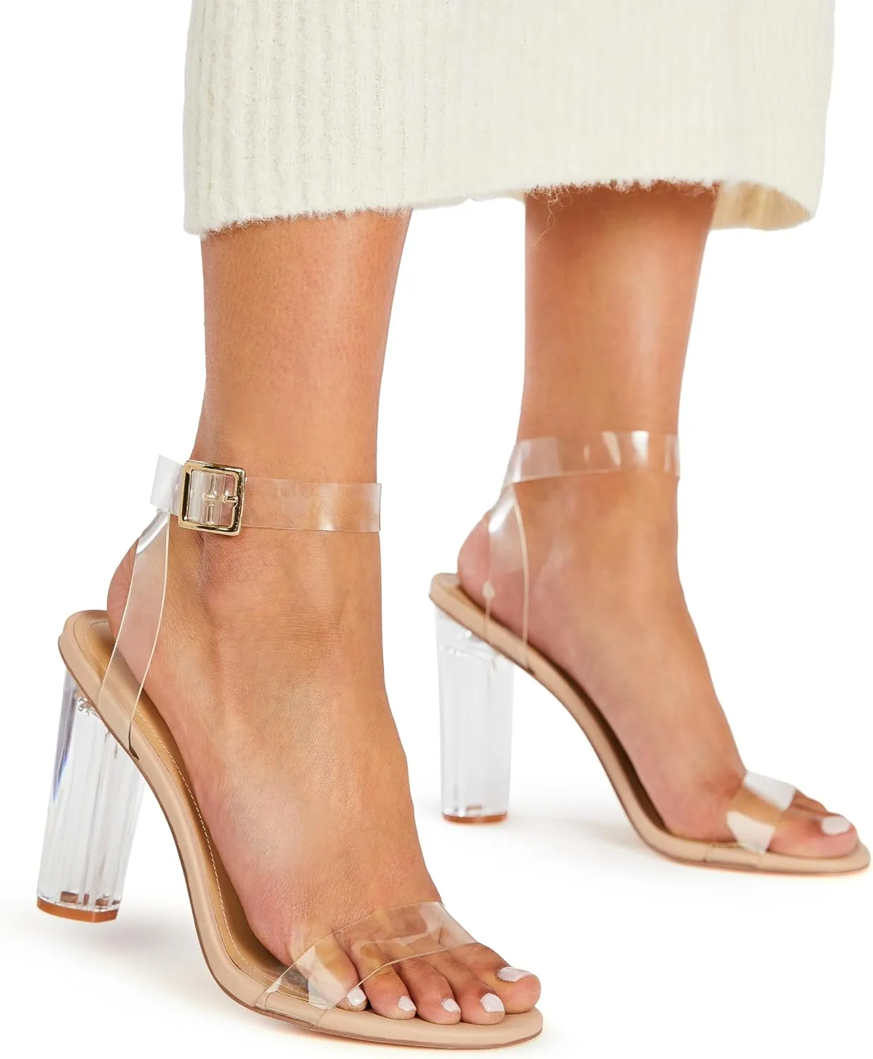 JustFab Women's Clear Chunky High Heels Sandals with Open Toe Ankle Strap Block Heels for Women Clear Shoes Dressy Perfect for Party and Dress Pumps - Hanna