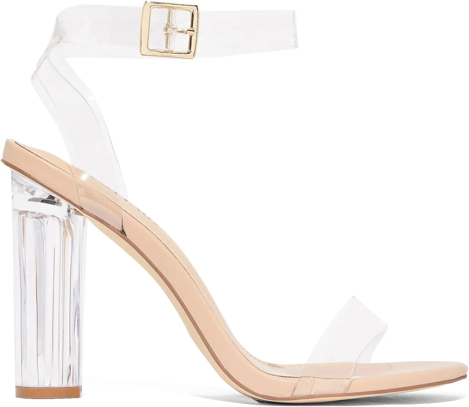 JustFab Women's Clear Chunky High Heels Sandals with Open Toe Ankle Strap Block Heels for Women Clear Shoes Dressy Perfect for Party and Dress Pumps - Hanna