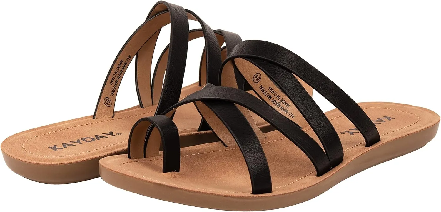 KAYDAY Womens Sandals Comfortable Slip On Flat Cross bands Toe Ring Fashion Flats HERO