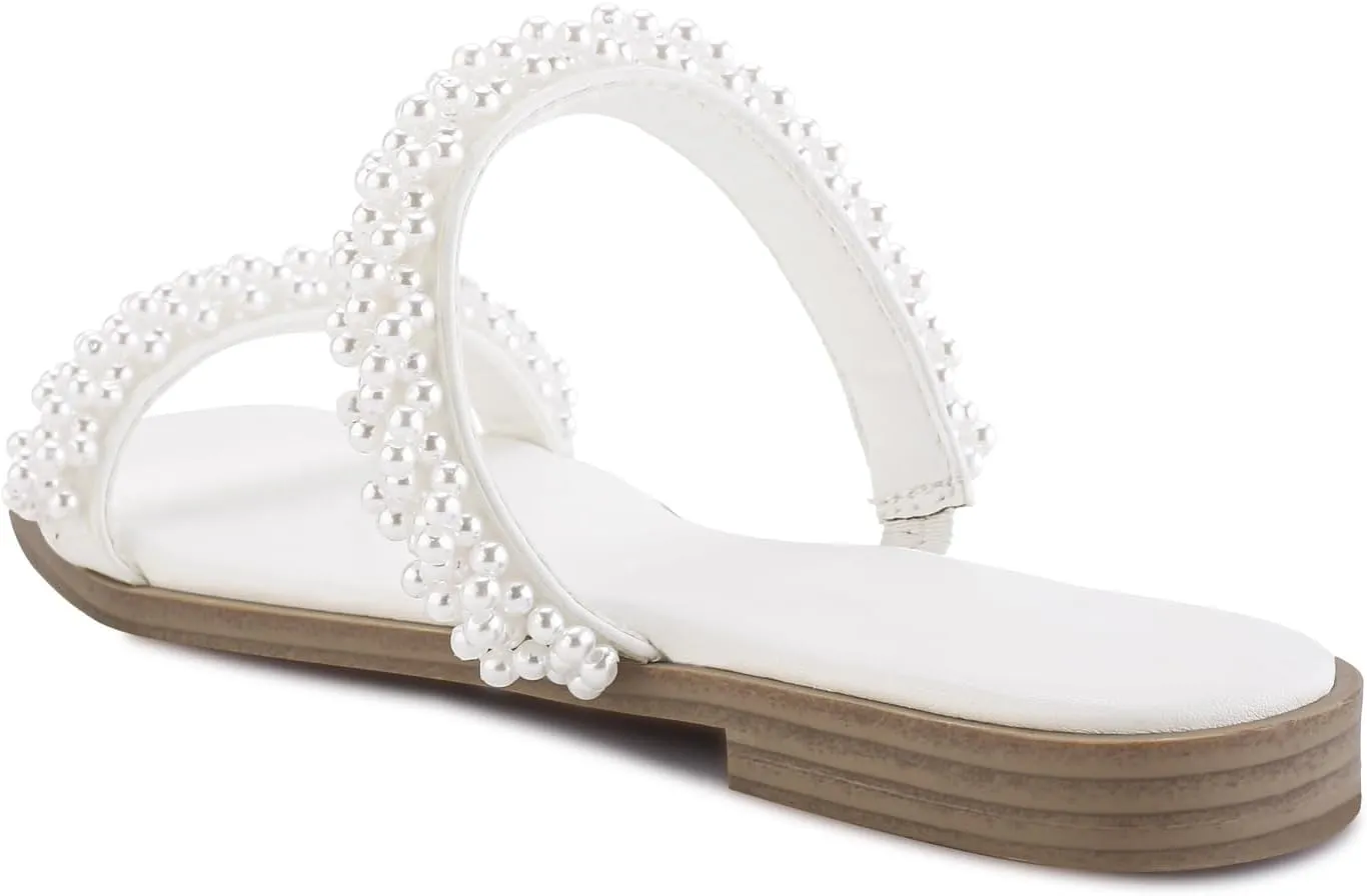 LACUONE Pearl Strap Flat Sandals For Women Slip On Square Open Toe Slides Sandals