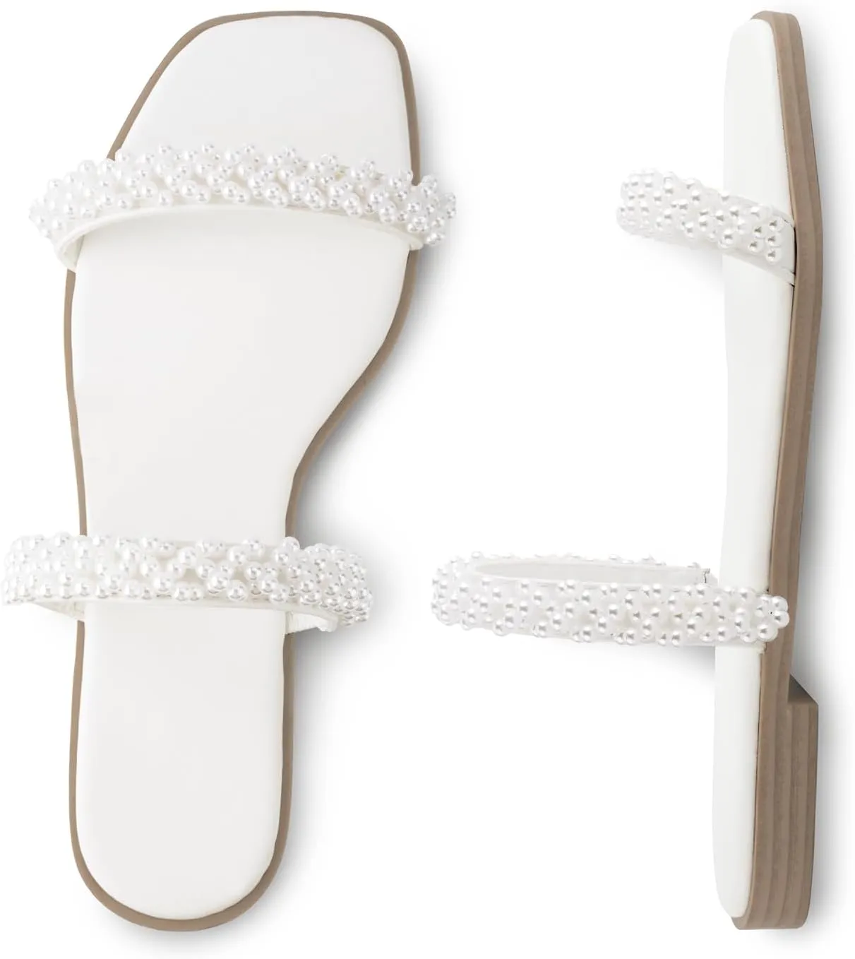 LACUONE Pearl Strap Flat Sandals For Women Slip On Square Open Toe Slides Sandals