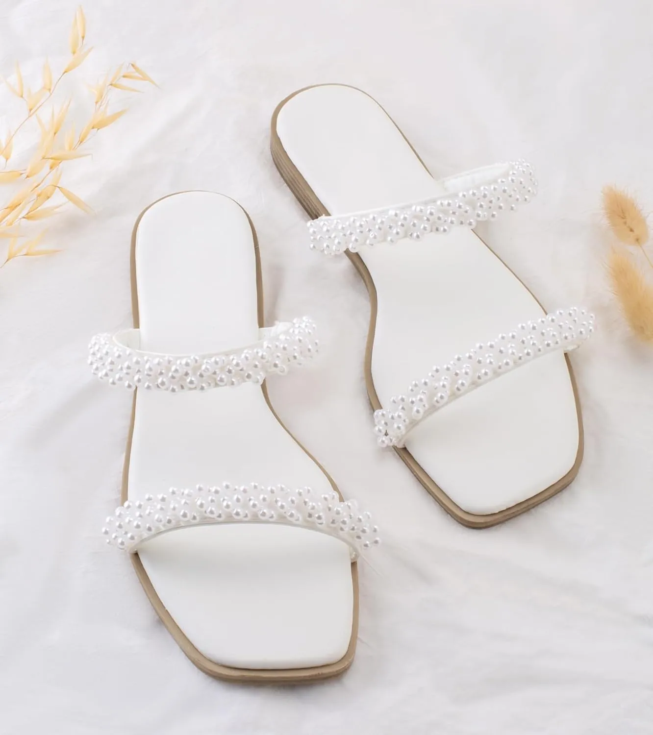 LACUONE Pearl Strap Flat Sandals For Women Slip On Square Open Toe Slides Sandals