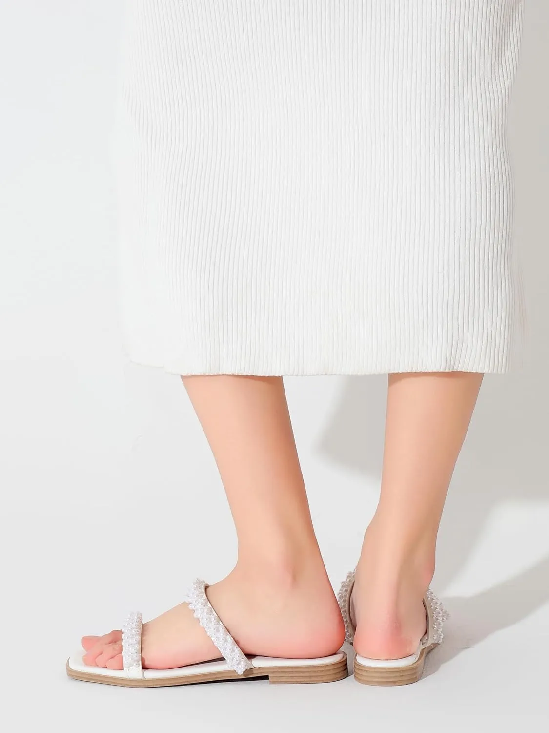 LACUONE Pearl Strap Flat Sandals For Women Slip On Square Open Toe Slides Sandals