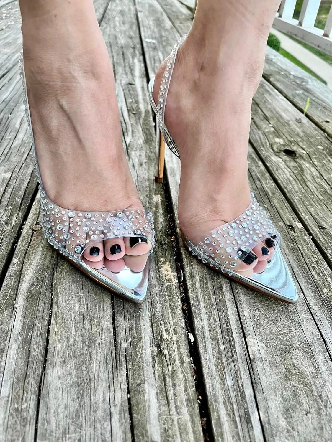 Liliana Women Rhinestone Slingback Pointy Heel Sandal With Clear Strap