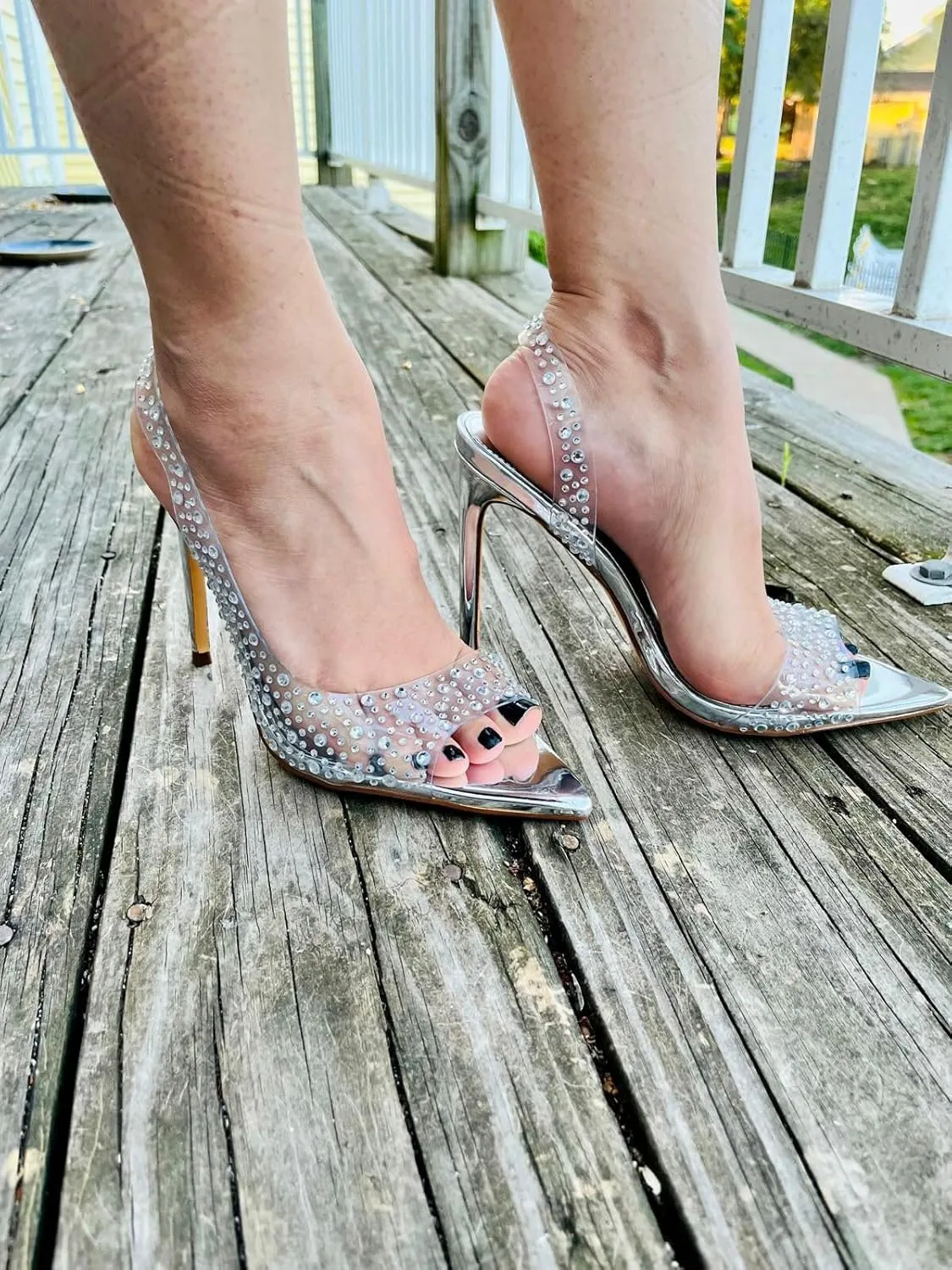 Liliana Women Rhinestone Slingback Pointy Heel Sandal With Clear Strap