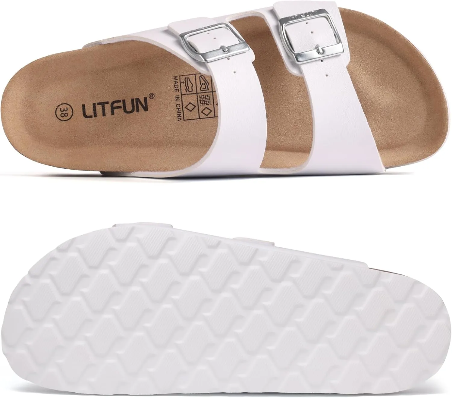 Litfun Women's Cork Footbed Sandal Summer Slip On Slide Sandals with Adjustable Buckle