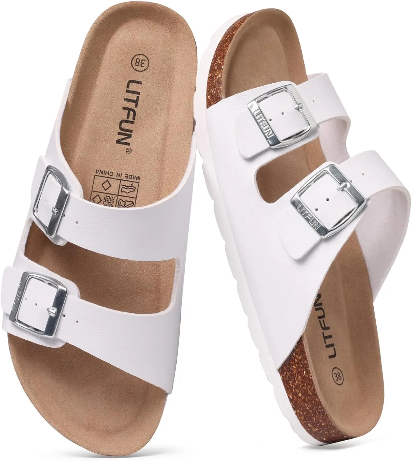 Litfun Women's Cork Footbed Sandal Summer Slip On Slide Sandals with Adjustable Buckle