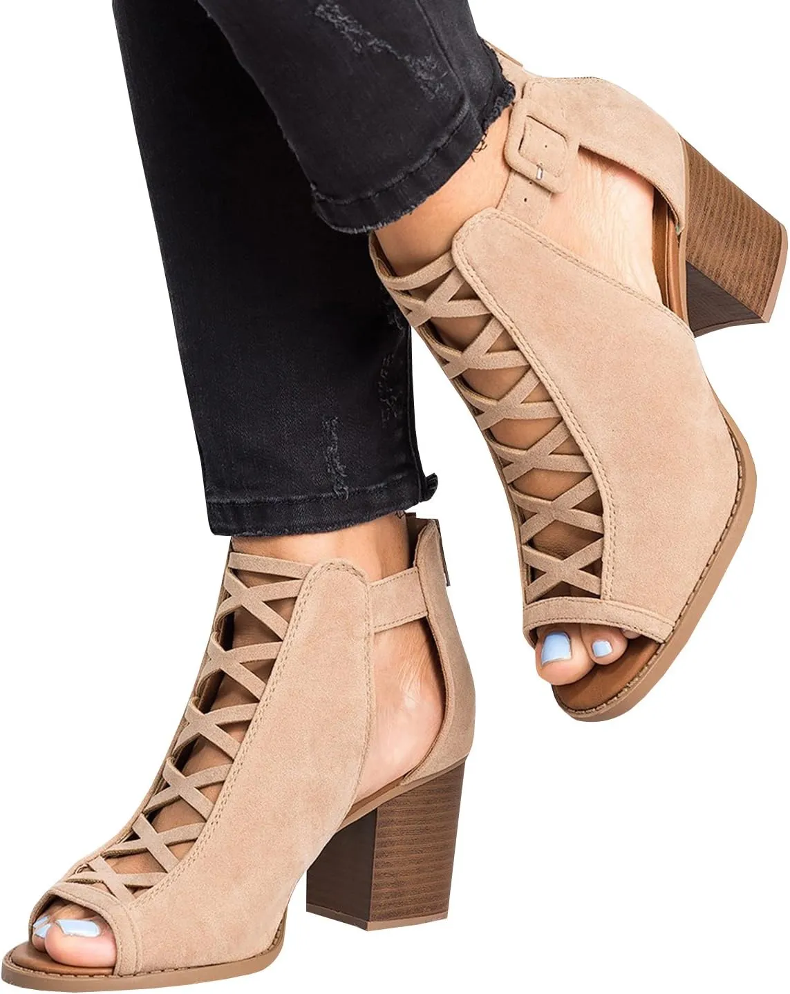Liyuandian Womens Chunky Heel Open Toe Ankle Strap Zipper Back High Heel Sandals