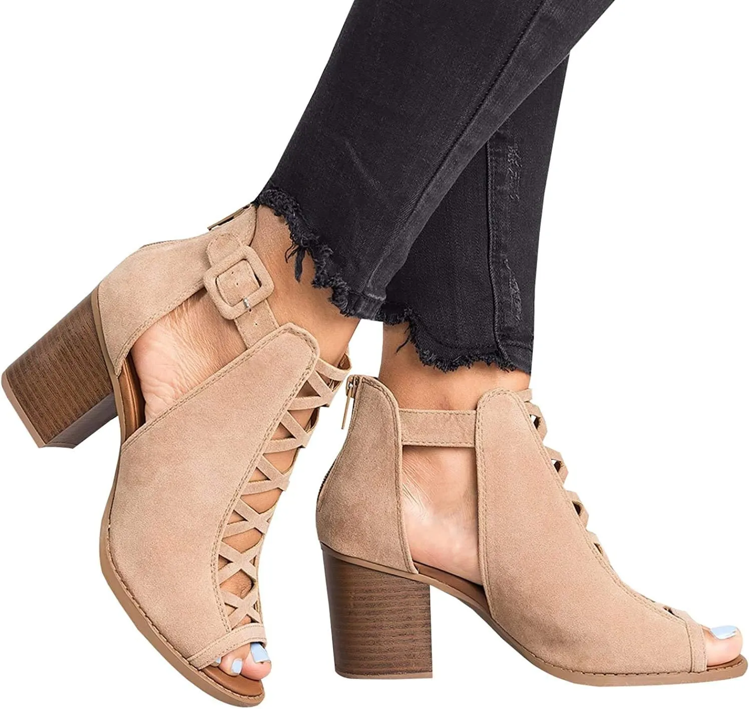 Liyuandian Womens Chunky Heel Open Toe Ankle Strap Zipper Back High Heel Sandals