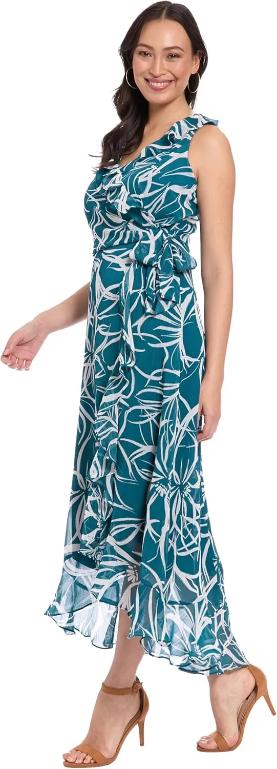 London Times Women's Sleeveless Ruffle Detail Faux Wrap Tie Midi Dress