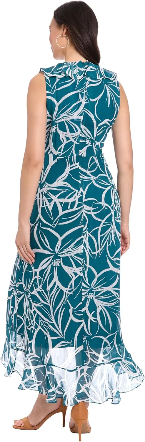 London Times Women's Sleeveless Ruffle Detail Faux Wrap Tie Midi Dress