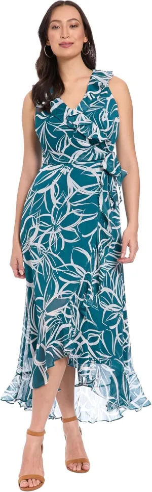 London Times Women's Sleeveless Ruffle Detail Faux Wrap Tie Midi Dress