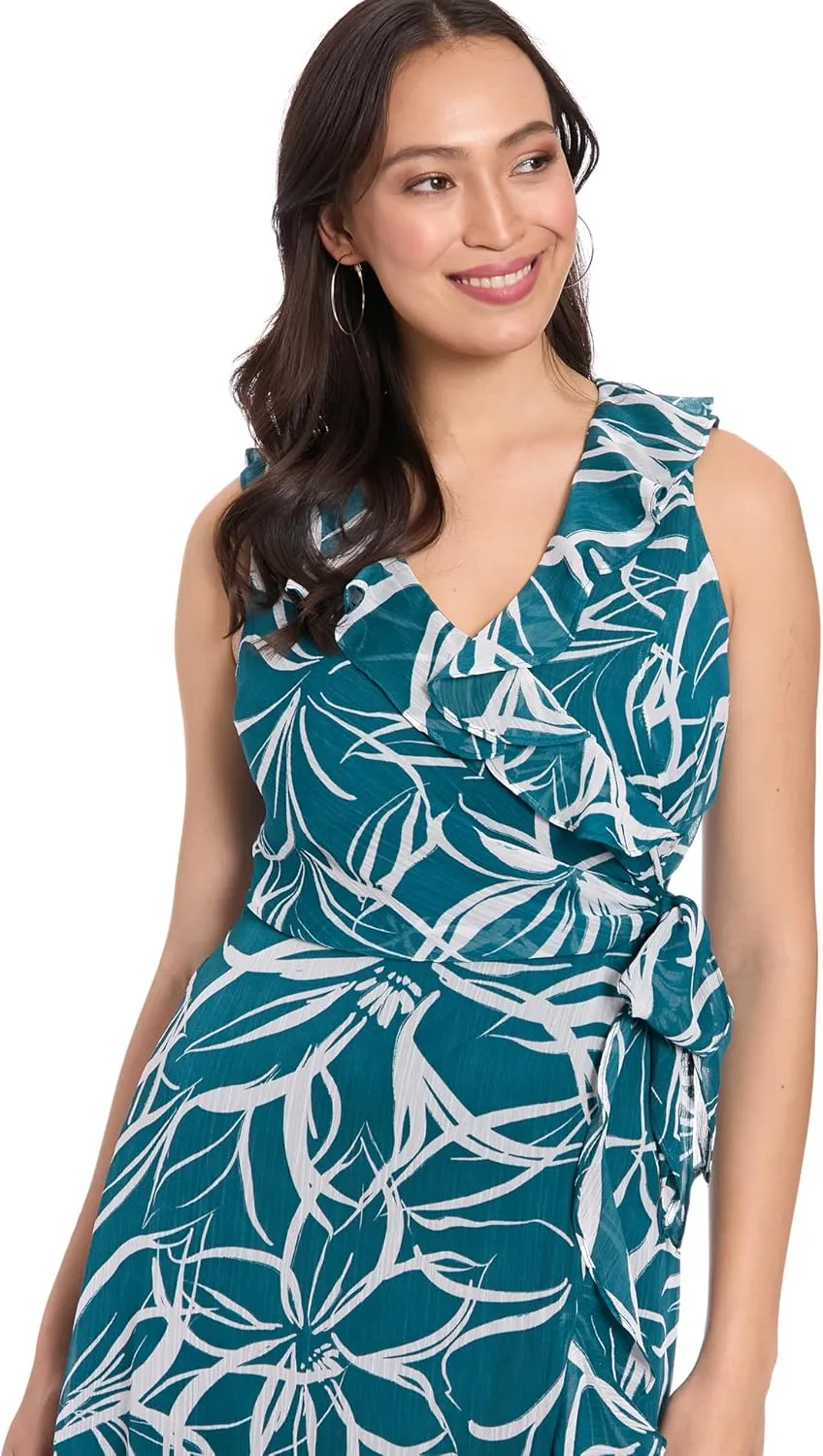 London Times Women's Sleeveless Ruffle Detail Faux Wrap Tie Midi Dress
