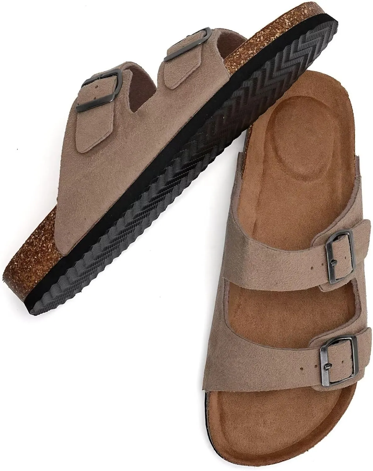 Mabove Mens Slides with Cork Footbed - Open Toe, Adjustable Webbing Flat Sandals for Walking, Beach & Indoor