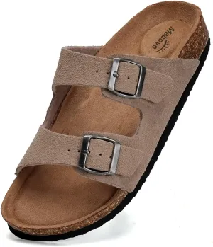 Mabove Mens Slides with Cork Footbed - Open Toe, Adjustable Webbing Flat Sandals for Walking, Beach & Indoor