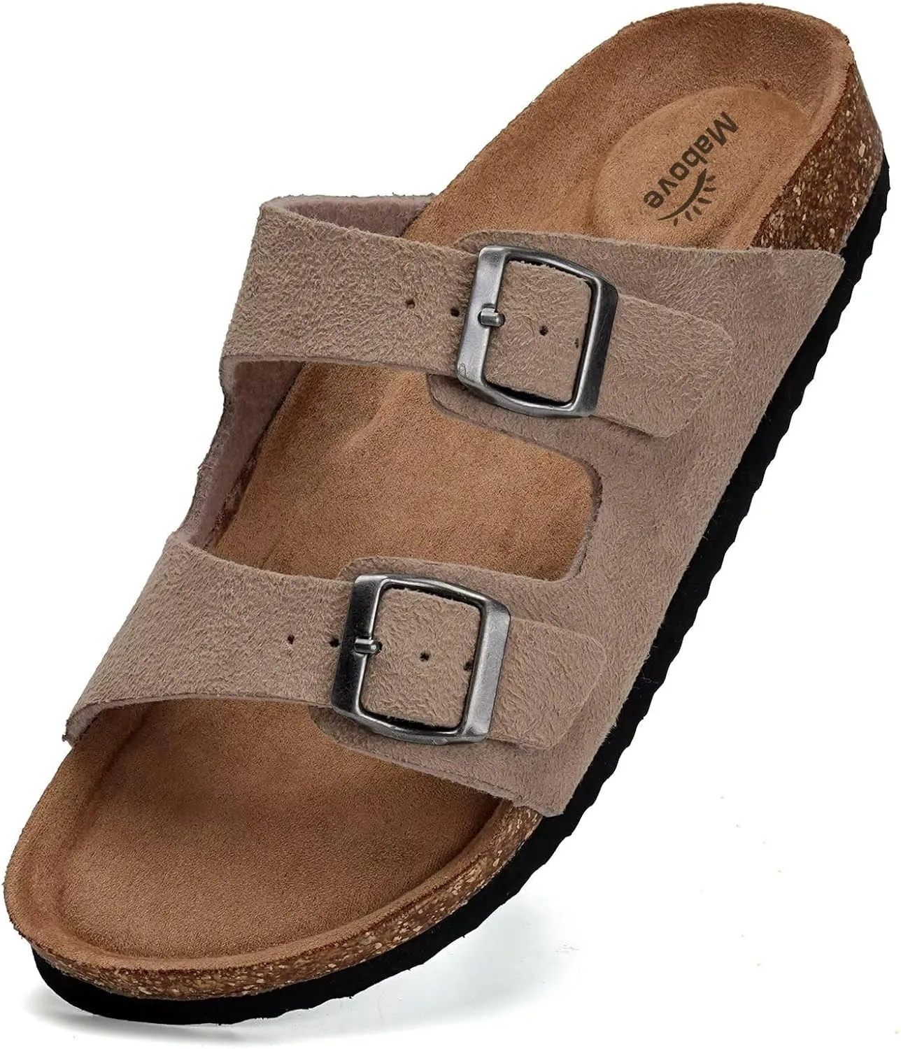 Mabove Mens Slides with Cork Footbed - Open Toe, Adjustable Webbing Flat Sandals for Walking, Beach & Indoor