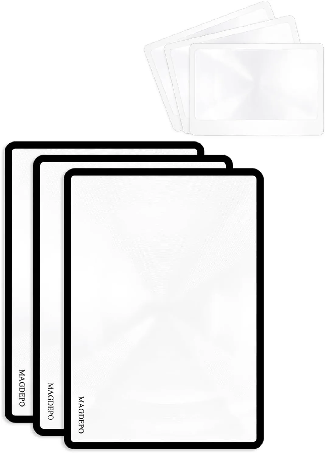 MAGDEPO 3X Magnifying Sheet 3 Pack Plastic Lightweight Page Lens   3 Card Magnifying Lenses Suitable for Reading Small Patterns, Texts, Prints, Newspapers, Menu, Maps, and Books
