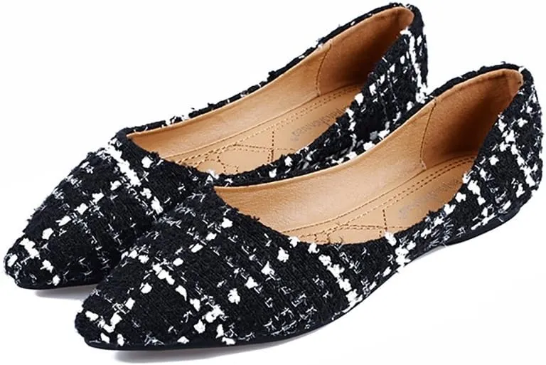 Meeshine Womens Classic Pointy Toe Ballet Flats Slip On Plaid Dress Flat Shoes