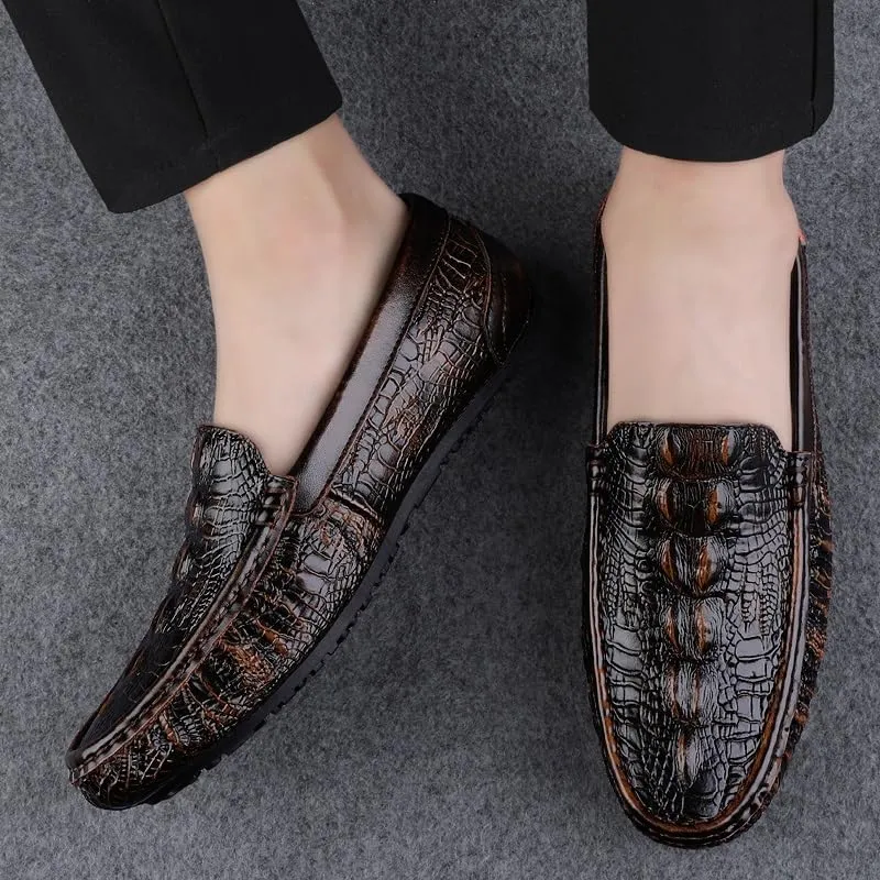 Men's Loafers Square Toe Crocodile Print Faux Leather Moccasins Shoes Flexible Flat Heel Comfortable Wedding Party Slip-ons